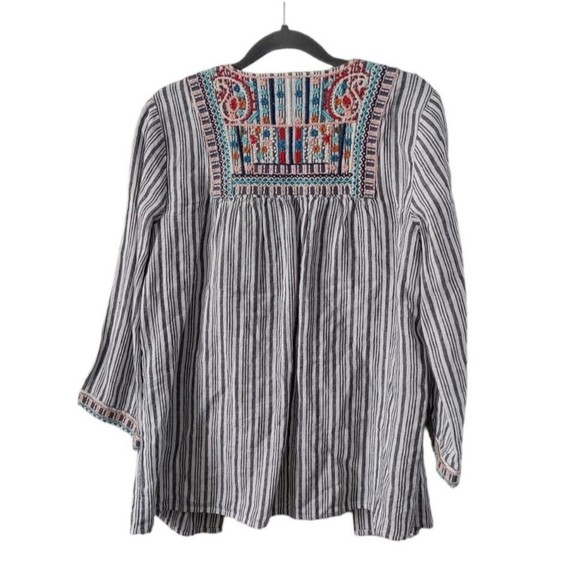 J Jill Linen Open Front Top Womens XS Striped Embroidered Cover Up Layer Piece - Picture 7 of 7
